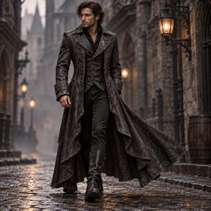 May include: A long, dark brown distressed leather trench coat worn over a matching vest, a black button-down shirt, and dark trousers. The coat features a wide collar, structured shoulders, and a flowing, floor-length hemline with tall leather boots.