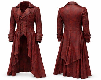 Red Distressed Leather Gothic Coat Victorian Steampunk Long Jacket