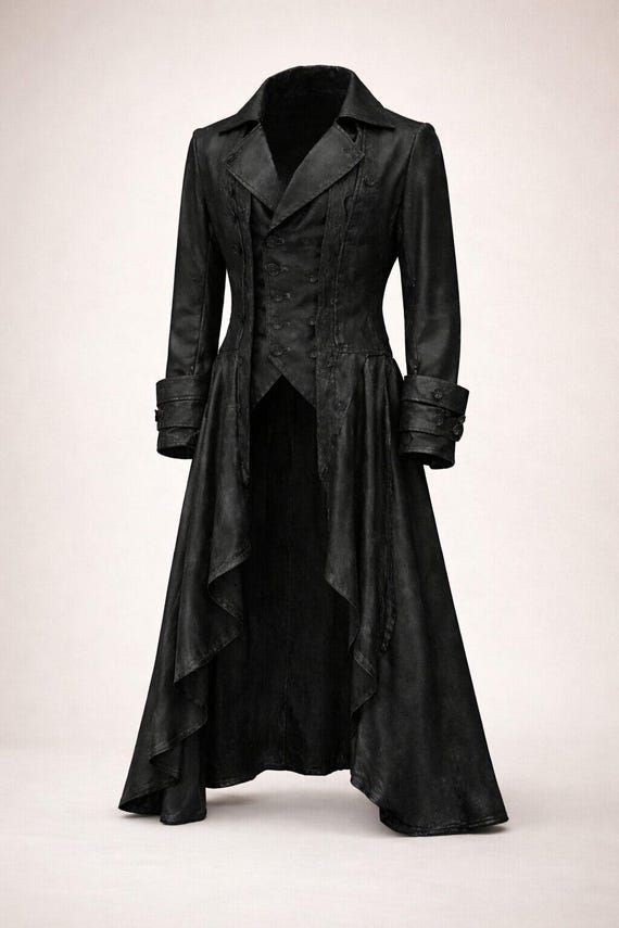 Black Gothic Leather Trench Coat Victorian Steampunk Long Jacket