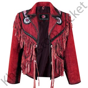 Red Suede Fringe Western Jacket: Beaded Boho Cowgirl Coat