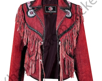 Chaqueta vaquera roja de ante con flecos: abrigo bohemio de vaquera con cuentas