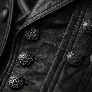 May include: Close-up of a black leather jacket with ornate, silver-colored buttons. The jacket's texture is visible, with detailed stitching and a classic design. The buttons are round with a floral pattern.