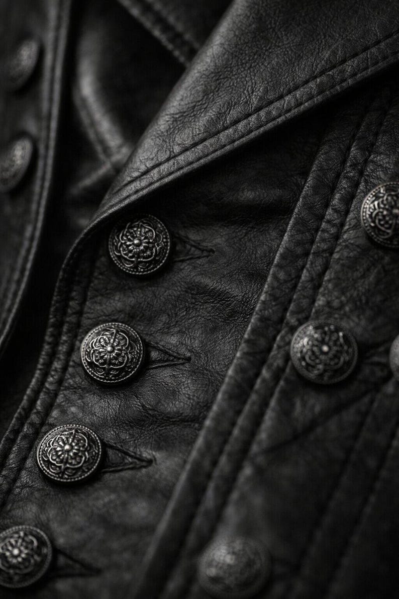 May include: Close-up of a black leather jacket with ornate, silver-colored buttons. The jacket's texture is visible, with detailed stitching and a classic design. The buttons are round with a floral pattern.