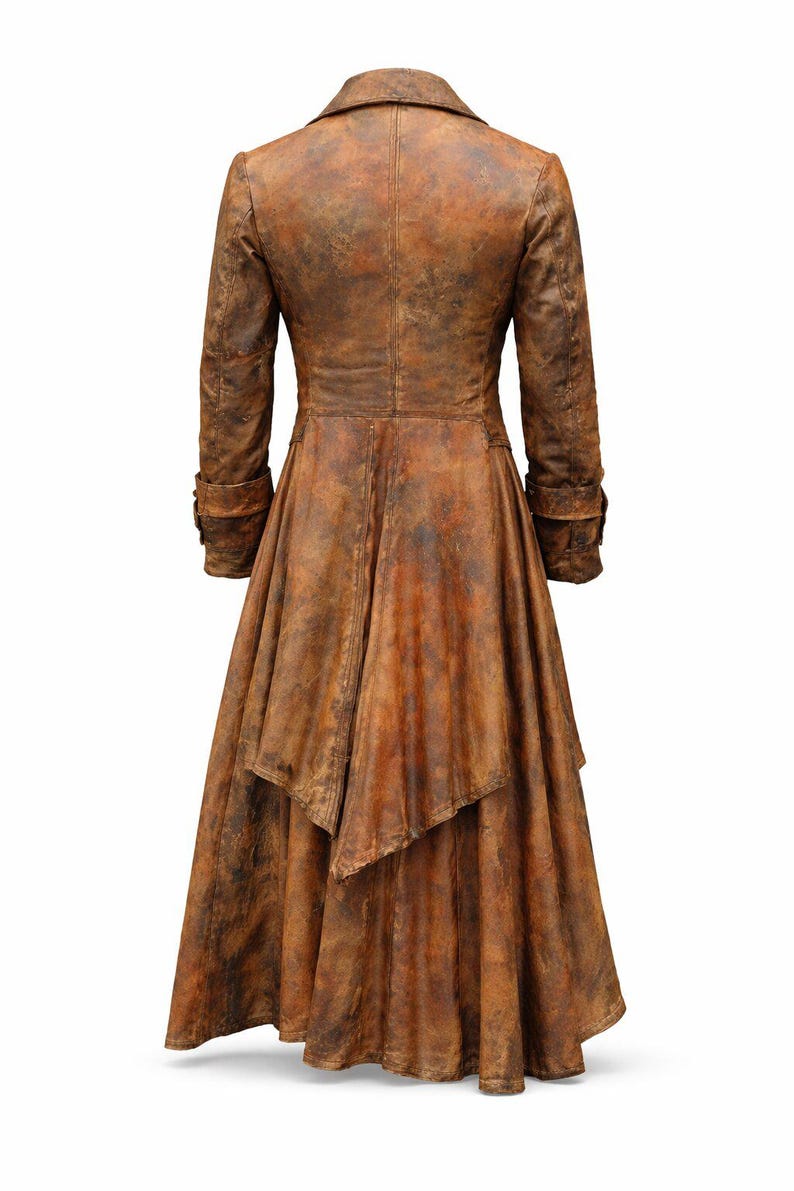 May include: A long, brown coat with a distressed, weathered texture. The coat features a structured collar, long sleeves with cuffs, and a flared, asymmetrical hemline that falls below the knees. The finish displays varied shades of brown.