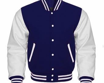 Custom Navy Wool Varsity Jacket: Leather Sleeves, Heated Pocket