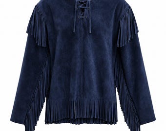 Western Cowboy Suede Jacket for Men Handmade Fringe Leather Shirt Native American Western Wear