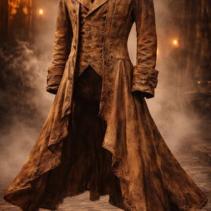 Victorian Gothic Long Coat Washed Camel Distressed Steampunk Tailcoat, Men's Leather Jacket image 9