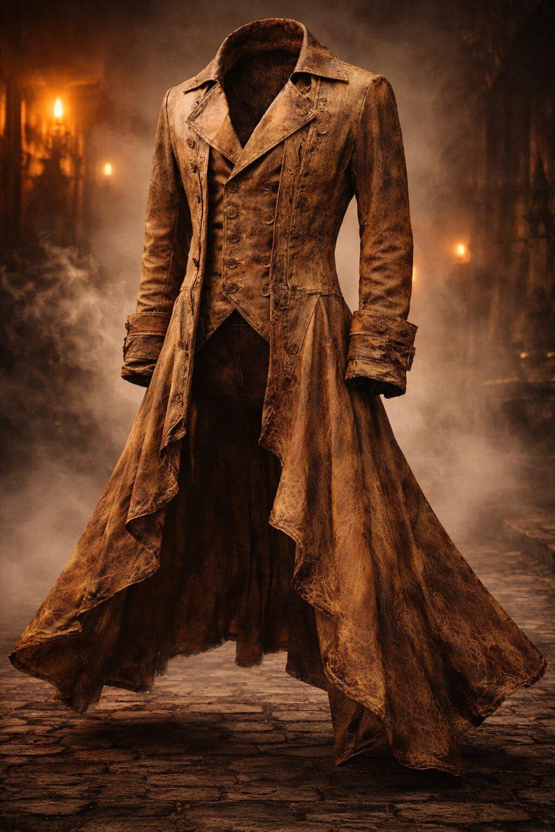Victorian Gothic Long Coat Washed Camel Distressed Steampunk Tailcoat, Men's Leather Jacket image 9