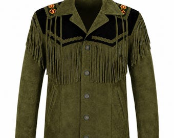 Western Suede Jacket Mens Olive Green Fringe Beaded Cowboy Ranch Rodeo Native Style Coat