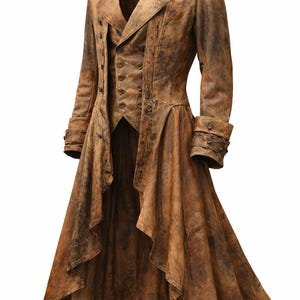 May include: A long, distressed brown coat featuring a high-low hemline, a structured collar, and long sleeves with buttoned cuffs. The coat is layered over a matching button-up vest, both displaying a weathered, mottled texture throughout the fabric.