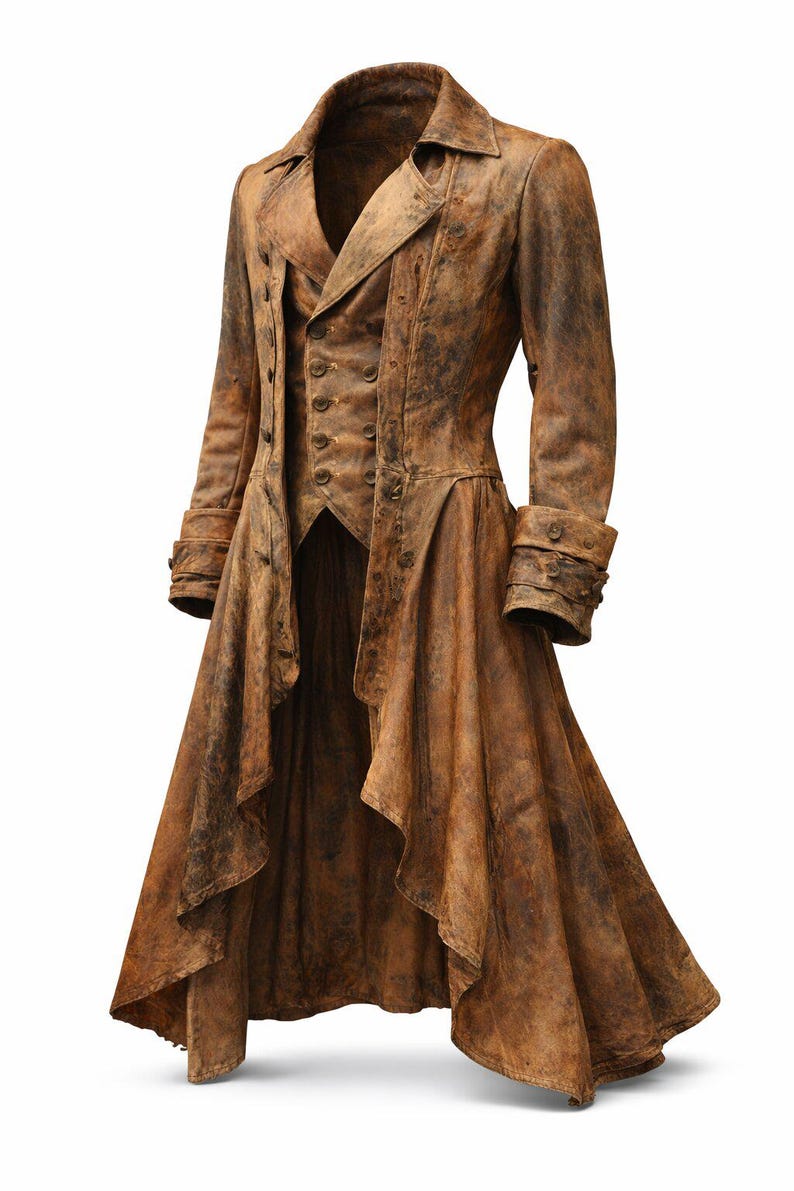 May include: A long, distressed brown coat featuring a high-low hemline, a structured collar, and long sleeves with buttoned cuffs. The coat is layered over a matching button-up vest, both displaying a weathered, mottled texture throughout the fabric.
