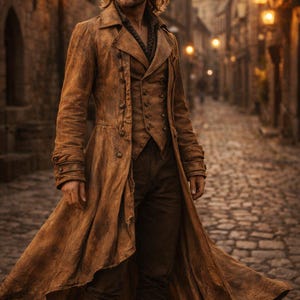 May include: A long, distressed brown leather coat worn over a matching double-breasted vest and dark trousers. The coat features a wide collar, structured lapels, and buttoned cuffs, creating a layered ensemble with a textured, weathered appearance.