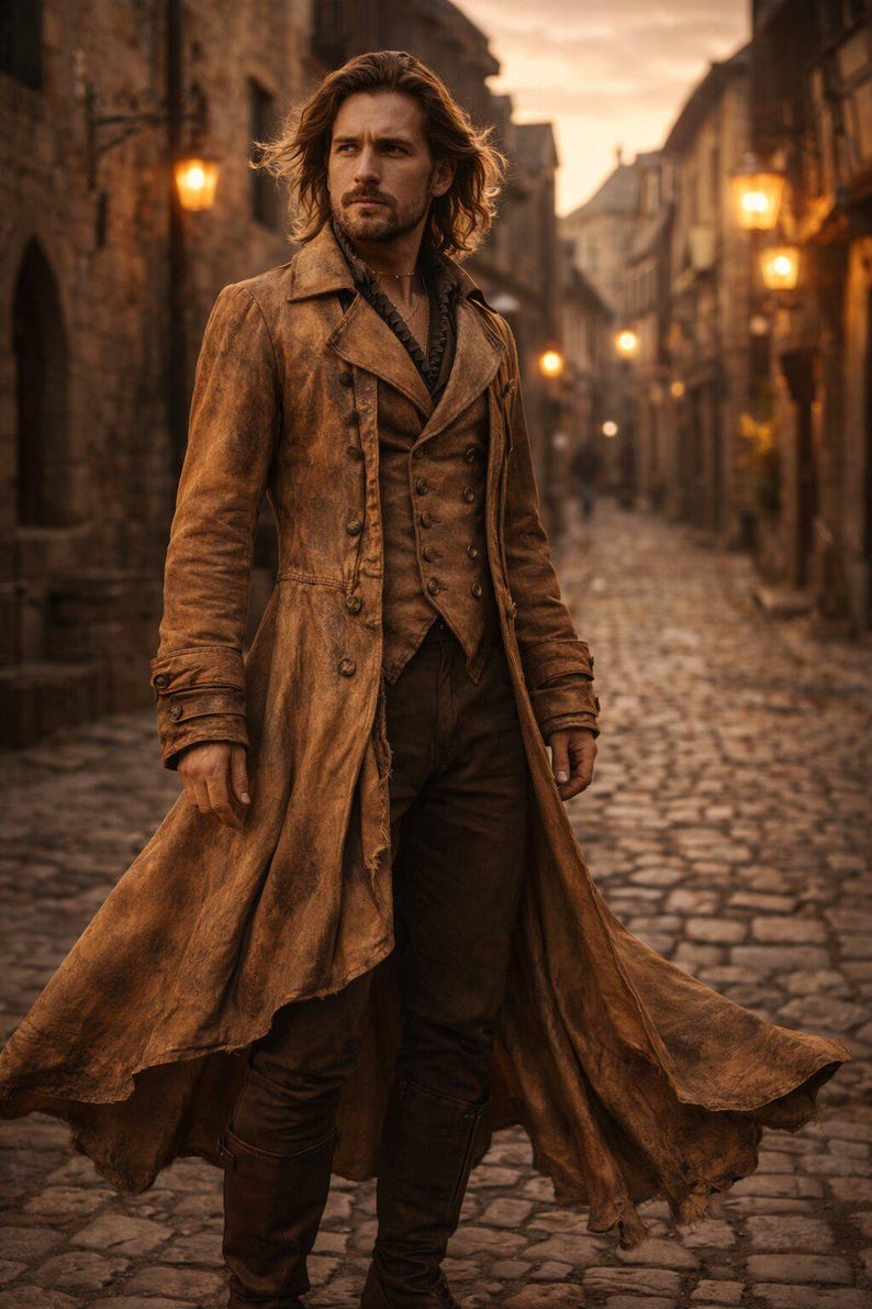 May include: A long, distressed brown leather coat worn over a matching double-breasted vest and dark trousers. The coat features a wide collar, structured lapels, and buttoned cuffs, creating a layered ensemble with a textured, weathered appearance.