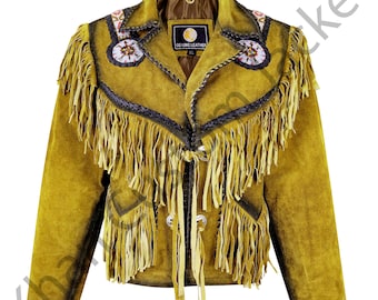Chaqueta vaquera de ante amarillo con flecos: abrigo de rodeo con cuentas para vaquera