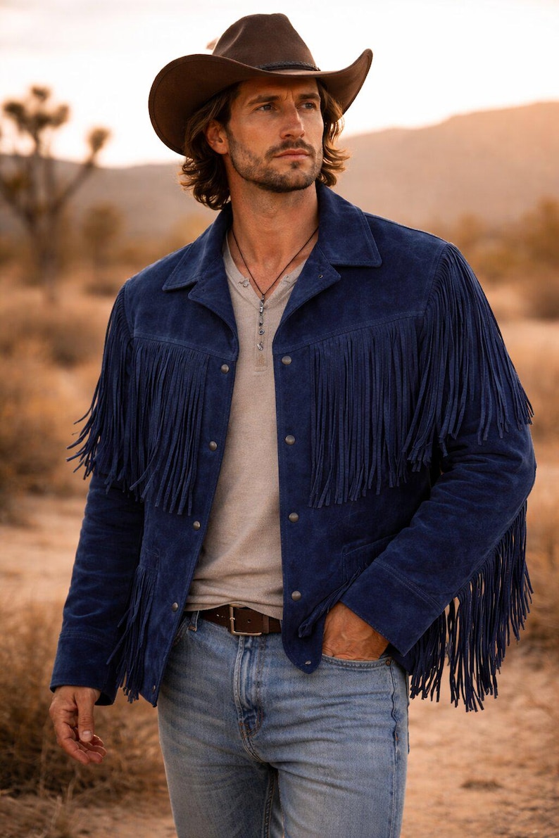 Puede incluir: Chaqueta de ante azul marino con flecos largos, usada con un sombrero de vaquero marr&oacute;n y una camisa de color claro. La chaqueta tiene un estilo western cl&aacute;sico, con botones y cuello.