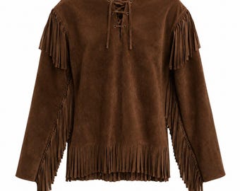 Cowboy Suede Jacket Men Western Fringe Leather Shirt Native American Handmade Vintage Pullover Apparel