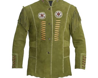 Genuine Olive Green Suede Western Cowboy Jacket | Handmade Beaded Fringe Coat