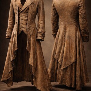 Victorian Gothic Long Coat Washed Camel Distressed Steampunk Tailcoat, Men's Leather Jacket image 8