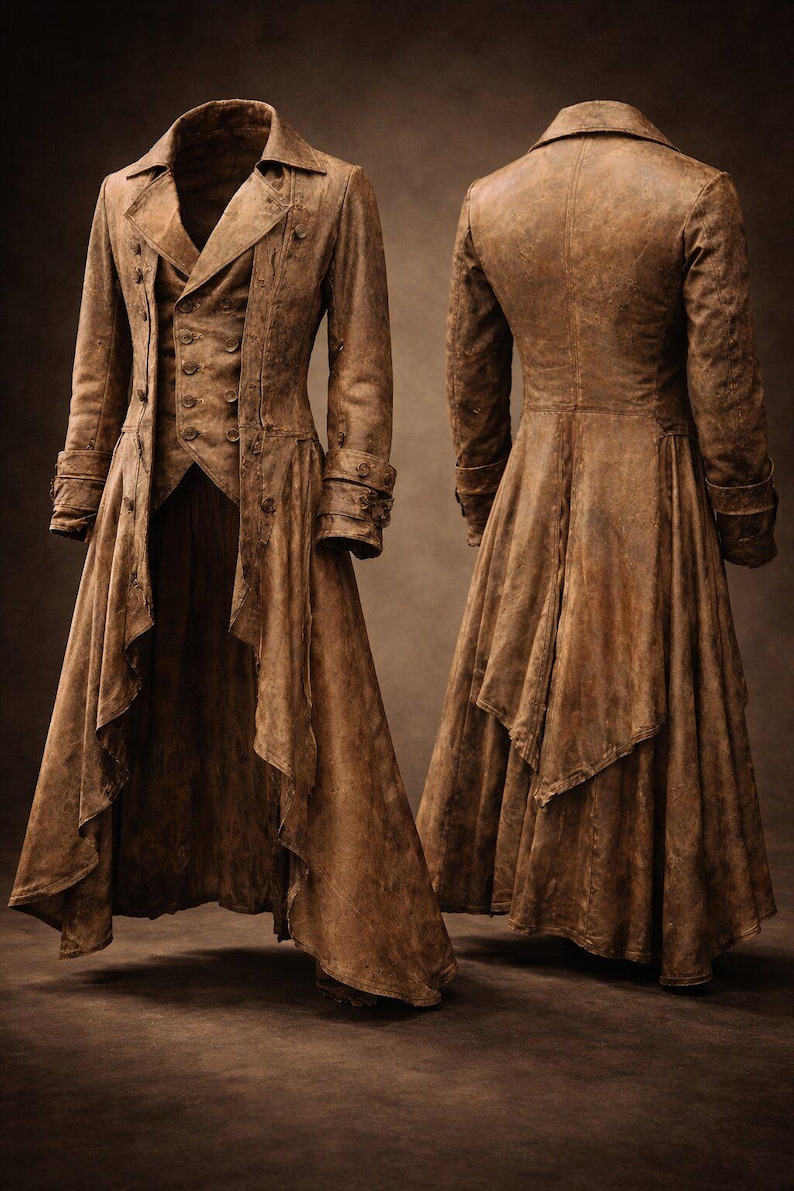 Victorian Gothic Long Coat Washed Camel Distressed Steampunk Tailcoat, Men's Leather Jacket image 8