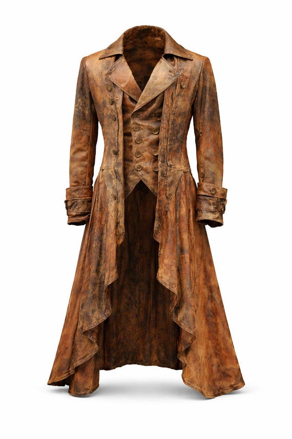 Victorian Gothic Long Coat Washed Camel Distressed Steampunk Tailcoat, Men's Leather Jacket
