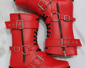 Red Wrestling Boots Unisex | Pro Leather Fight Gear Laced Up Long Shoes
