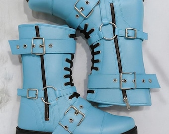 Sky Blue Wrestling Boots with Belts & Buckles, Laced Up Long Combat Shoes