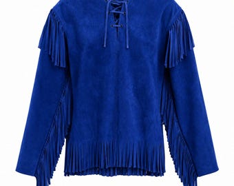 Cowboy Suede Jacket Mens Western Fringe Leather Shirt Blue Rodeo Ranch Festival Biker Coat
