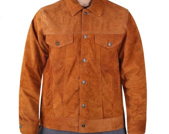 Chaqueta de camionero de ante color tostado hecha a mano: abrigo vaquero estilo western para hombre