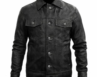 Men Black Leather Trucker Jacket – Genuine Vintage Style Coat