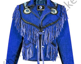 Chaqueta vaquera de gamuza azul con flecos: abrigo de rodeo estilo western con cuentas
