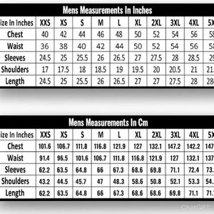 May include: A black and white sizing chart displaying measurements in inches and centimeters for various sizes ranging from XXS to 5X. The table includes rows for chest, waist, sleeves, shoulders, and length, providing specific numerical data for each.