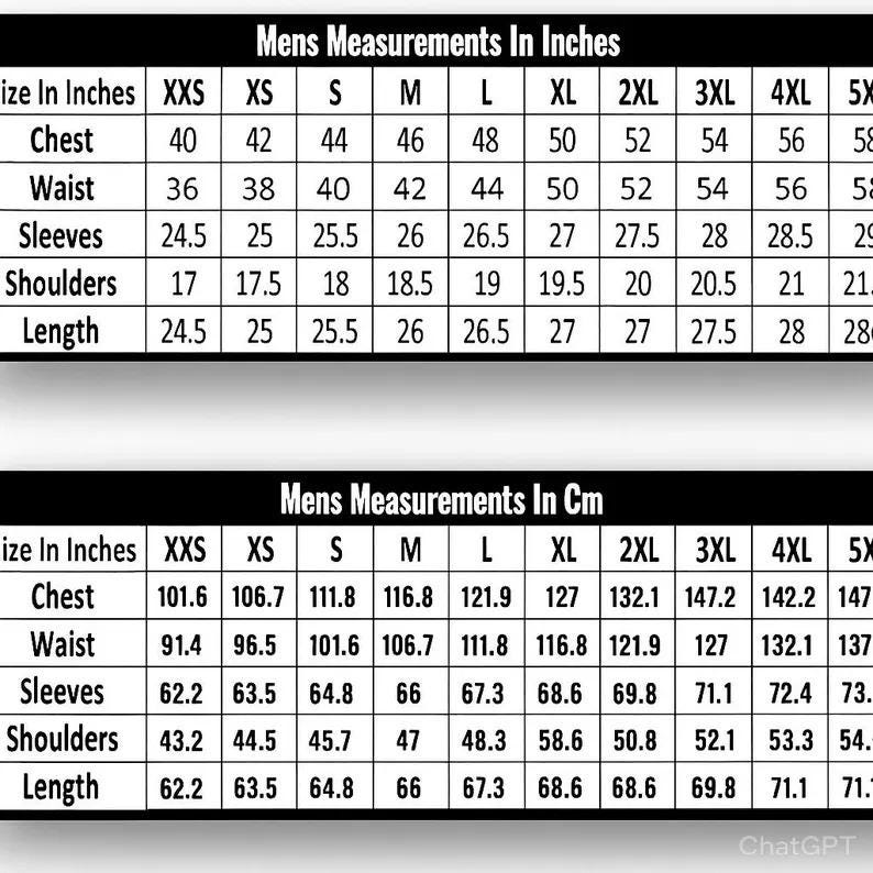 May include: A black and white sizing chart displaying measurements in inches and centimeters for various sizes ranging from XXS to 5X. The table includes rows for chest, waist, sleeves, shoulders, and length, providing specific numerical data for each.