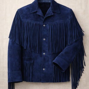 Puede incluir: Chaqueta de ante azul marino con largos flecos en el pecho, hombros y mangas. La chaqueta tiene cierre de botones, cuello y dos bolsillos delanteros. Un dise&ntilde;o cl&aacute;sico de inspiraci&oacute;n western.