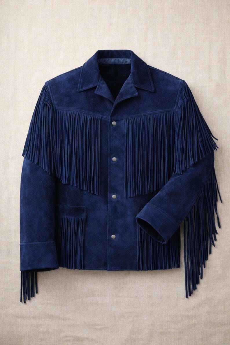 Puede incluir: Chaqueta de ante azul marino con largos flecos en el pecho, hombros y mangas. La chaqueta tiene cierre de botones, cuello y dos bolsillos delanteros. Un dise&ntilde;o cl&aacute;sico de inspiraci&oacute;n western.