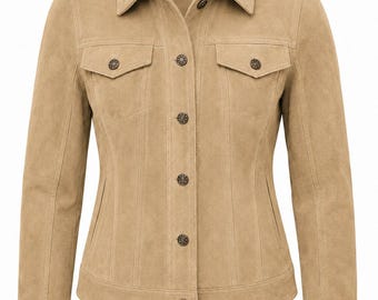 Women Trucker Suede Jacket in Beige Tan Genuine Leather Western Style Outerwear