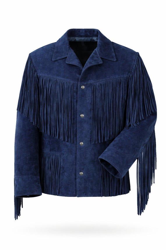 Western Suede Jacket Navy Blue Fringe Cowboy Style Leather Coat