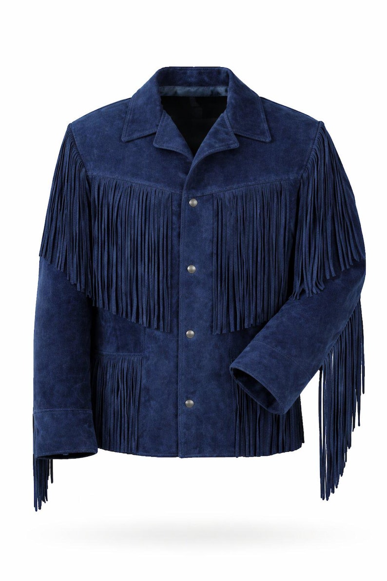 Puede incluir: Chaqueta de ante azul marino con flecos largos. La chaqueta presenta un cuello cl&aacute;sico, cierre de botones en la parte delantera y flecos en el pecho, la espalda y las mangas. Esta chaqueta de estilo western es una prenda llamativa.