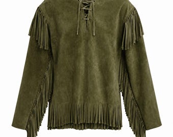 Men's Cowboy Suede Jacket Western Fringe Leather Shirt Handmade Ranch Style Gift for Men