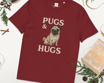 Maglietta in cotone biologico "Pugs & Hugs" / Divertente regalo per gli amanti dei carlini