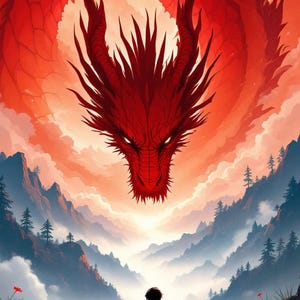 Könnte beinhalten: Ein roter Drache mit scharfen Zähnen und Krallen schwebt über einem Gebirge. Eine Person in einem roten Umhang steht auf einem Weg im Vordergrund und blickt zum Drachen auf.