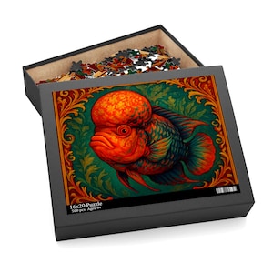 Flowerhorn Puzzle Vintage Poster Style with Ornate Background 120, 252, 500 Pieces