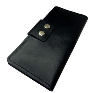 Cartera de piel auténtica negra: cartera de piel de vacuno para hombre hecha a mano con cierre a presión.
