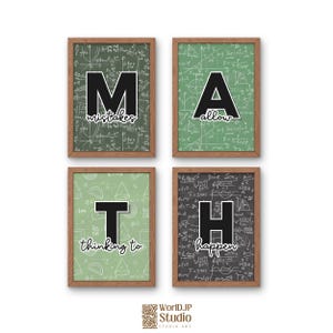 May include: Four framed wall art prints featuring green and black chalkboard backgrounds with white mathematical equations and geometric diagrams. Each print displays a large black letter spelling MATH with the words mistakes, allow, thinking to, and happen.