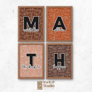 May include: Four framed wall art prints with brown and orange backgrounds featuring mathematical formulas and geometric shapes. Each print displays a large black letter spelling MATH, with the words mistakes, allow, thinking to, and happen.