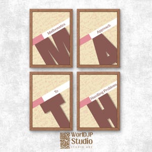 May include: A set of four framed wall art prints with brown wooden frames. Each print features a beige background with mathematical equations, a diagonal pink stripe, and a large brown letter forming the word MATH with text overlays.
