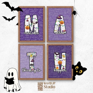 May include: Four framed wall art prints with a purple background featuring mathematical formulas. The letters M, A, T, and H are decorated with Halloween icons like pumpkins, ghosts, and bats. The text reads Mistakes allow thinking to happen.