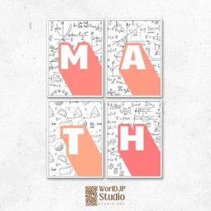 May include: Four framed wall art prints arranged in a grid, each featuring a white letter M, A, T, or H with a long coral-coloured drop shadow. The backgrounds display black and white mathematical equations, geometric shapes, and numerical symbols.
