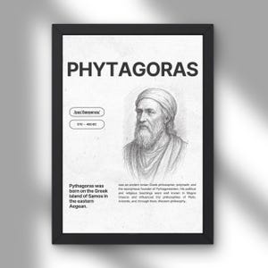 May include: A framed poster featuring a black and white sketch of Pythagoras, the text PHYTAGORAS, phonetic pronunciation, dates 570-495 BC, and a biographical summary stating he was born on the Greek island of Samos in the eastern Aegean.