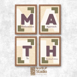 May include: Four framed wall art prints featuring the letters M, A, T, and H in dark purple. Each print includes olive green geometric accents and a light beige background with faint mathematical formulas. The text reads Mathematics, Approach, To, and Handling Problems.