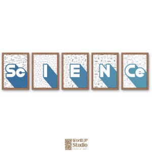 Könnte beinhalten: Ein Set aus fünf gerahmten Wandbildern, die horizontal angeordnet sind. Jeder Druck zeigt einen weißen Buchstaben auf blauem Grund mit einem langen Schatten, die zusammen das Wort SCIENCE bilden. Der Hintergrund zeigt schwarze chemische Formeln.